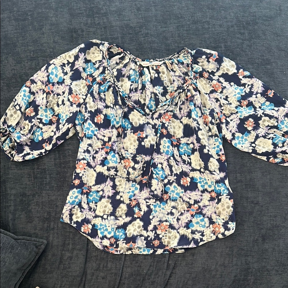 Rebecca Taylor Blue and White Puff Sleeve Blouse